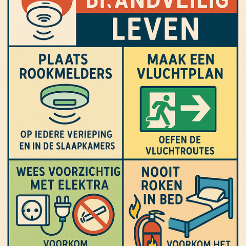 Creëer een afbeelding waarin het thema een brandveilig leven goed wordt uitgelegd